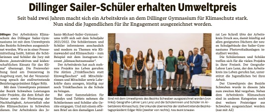 2023 06 27 Donau Zeitung Dillinger SailerSchueler erhalten Umweltpreis